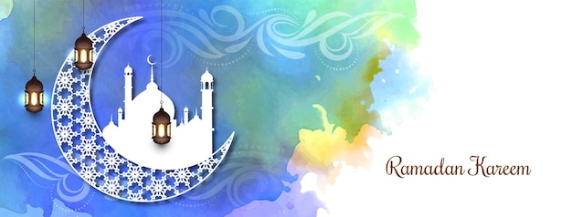 Colorful Ramadan Kareem festival banner with crescent moon