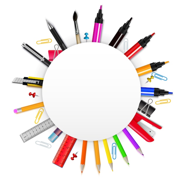 Colorful realistic frame in form of circle with various stationery items on white background vector illustration