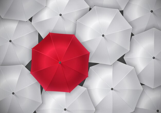 우산이 있는 다채로운 실제 우산 구성은 흰색 벡터 일러스트레이션의 군중 속에서 하나의 빨간색을 엽니다.