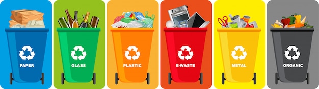 Colorful recycle bins with recycle symbol isolated on color background