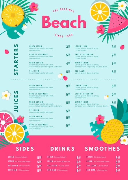 Free vector colorful restaurant menu for digital use