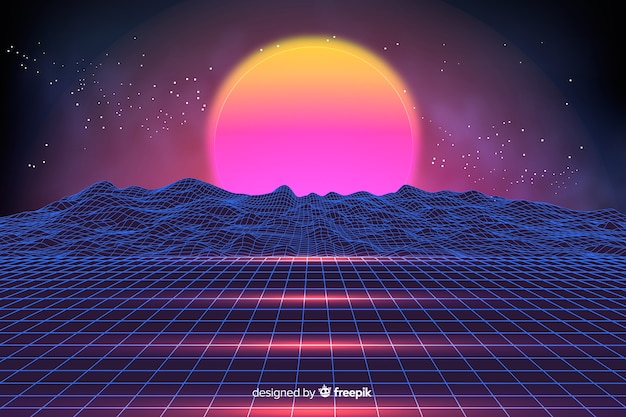 Free vector colorful retro futuristic landscape background