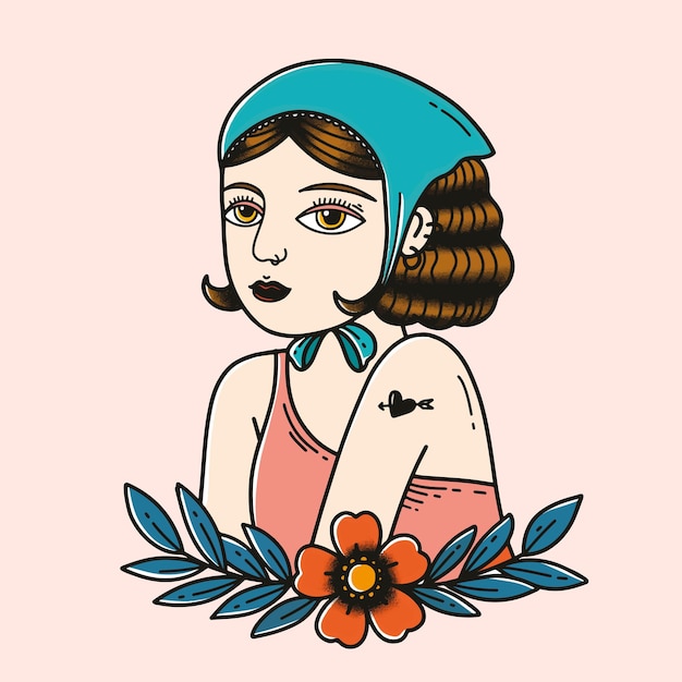 Colorful retro girl tattoo design with pastel background