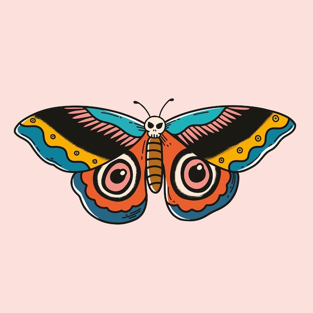 Colorful retro moth tattoo vector design with pastel background