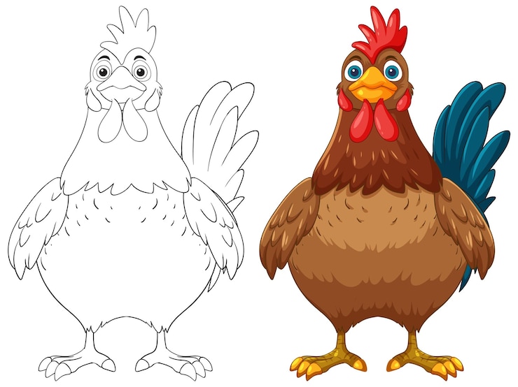 Free Vector colorful rooster and outline illustration
