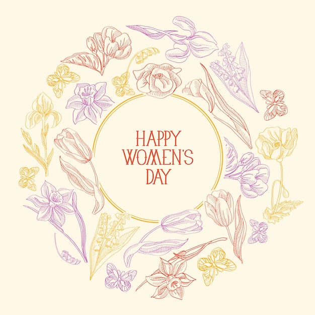 Colorful round frame sketch composition greeting card with many objects around the text about women's day decorated by the flowers vector illustration