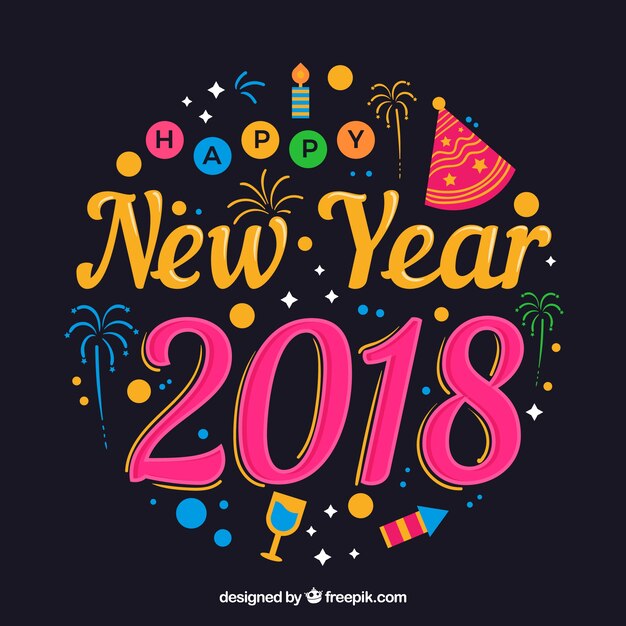 Colorful and round lettering happy new year 2018