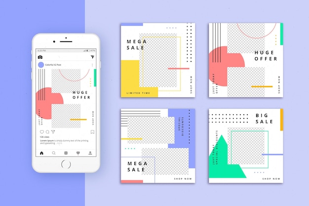 Vettore gratuito raccolta di post instagram vendite colorate
