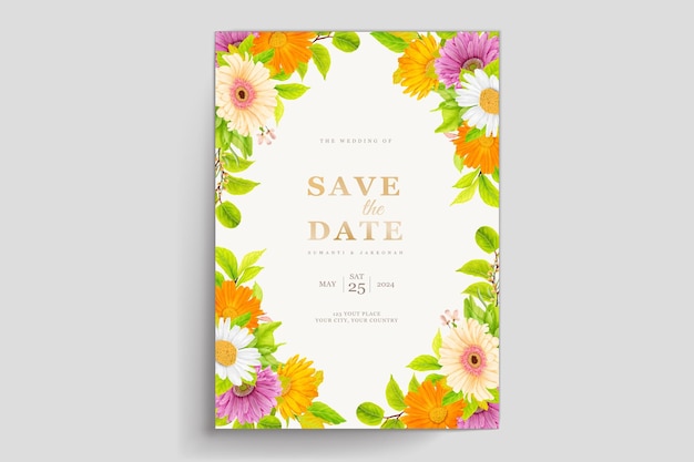 Free vector a colorful save the date card with flowers on it.