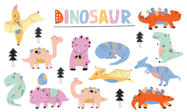 動物の恐竜とかわいい幼稚なセット ディノコレクション プレミアムベクター 動物の恐竜とかわいい幼稚なセット ディノコレクション プレミアムベクター