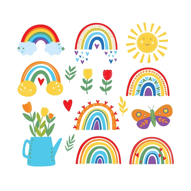 Красочные радуги в скандинавском стиле для детской вечеринки baby shower милый яркий цвет радужный векторный набор символов летний милый клипарт бабочка и цветы Premium векторы