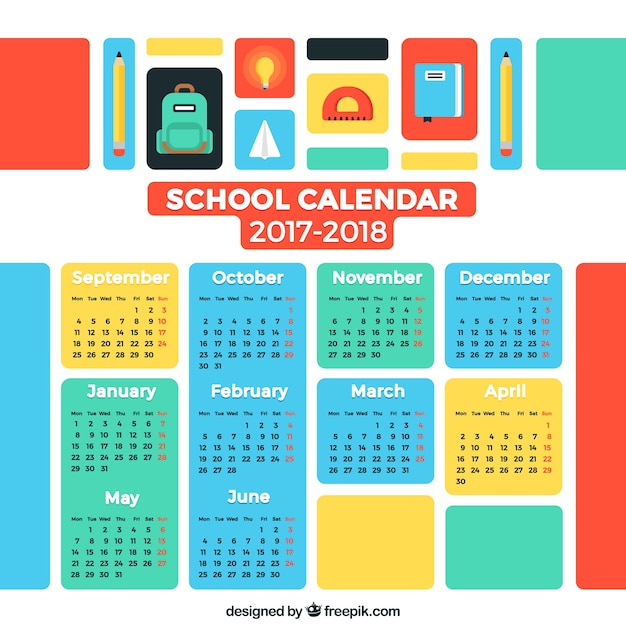 Free vector colorful school calendar 2017-2018