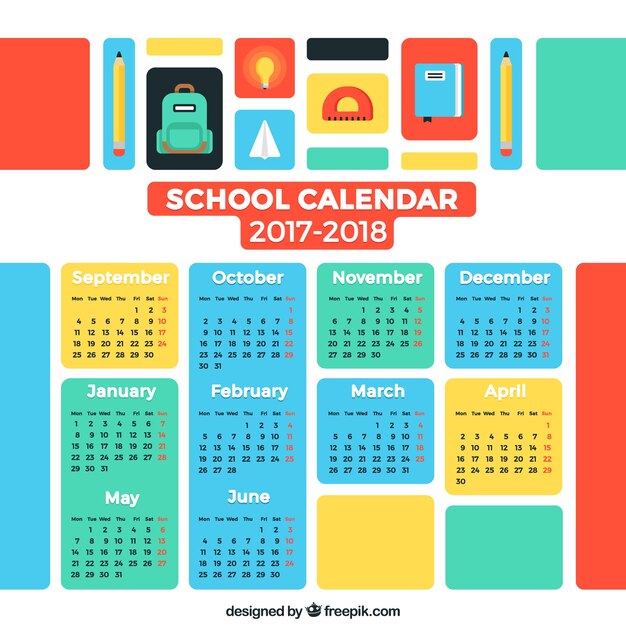 Colorful school calendar 2017-2018
