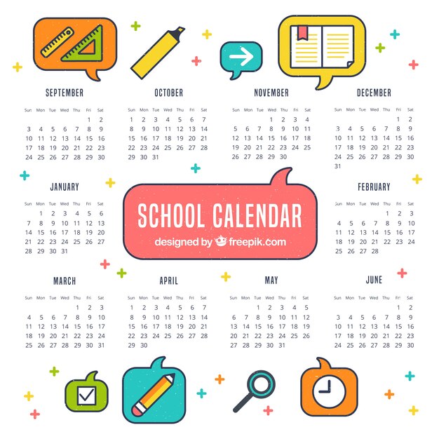 Free vector colorful school claendar with icons