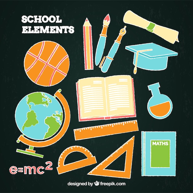 Colorful school elements in blackboard style