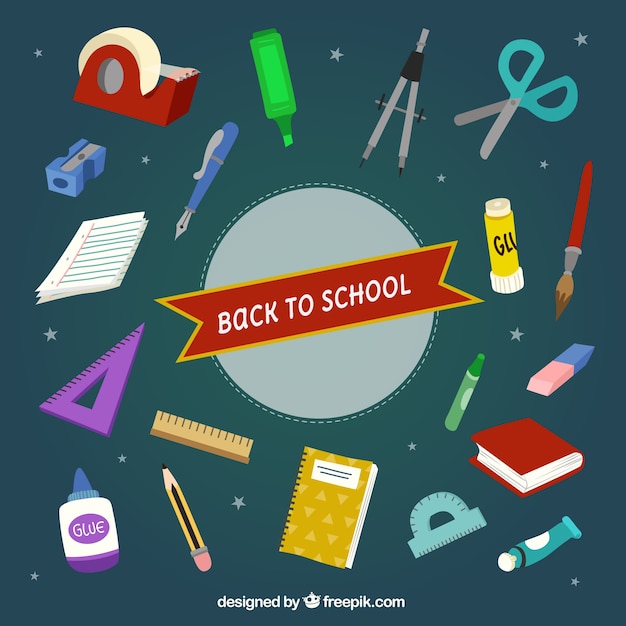 Free vector colorful school materials with dark background