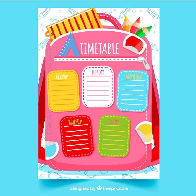 Free vector colorful school timetable on the backpack