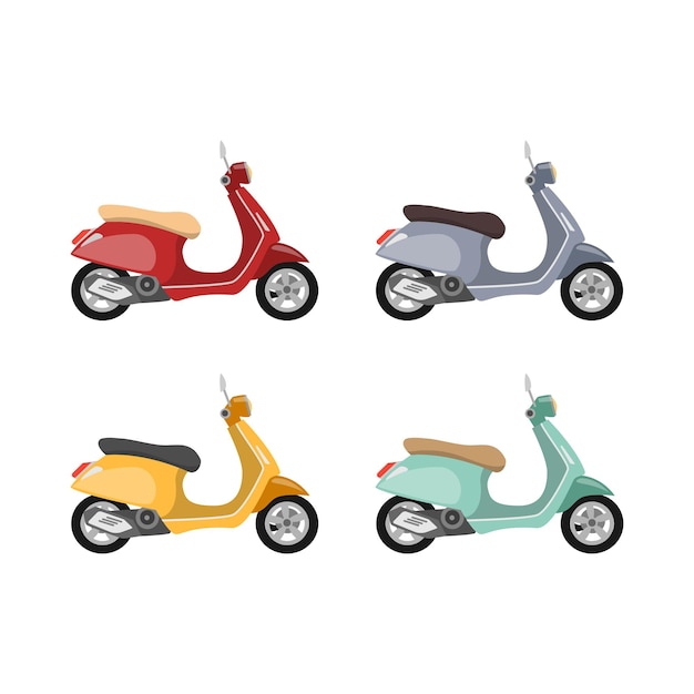 Vettore gratuito set scooter colorato veicolo a motore isolato per la guida in città