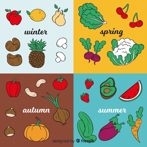 Vettore gratuito calendario di frutta e verdura stagionale colorata