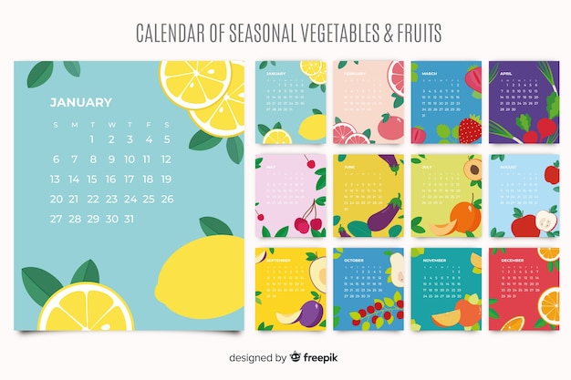 カラフルな季節の野菜や果物のカレンダー