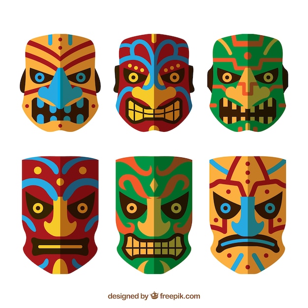 Free vector colorful set of angry tiki masks