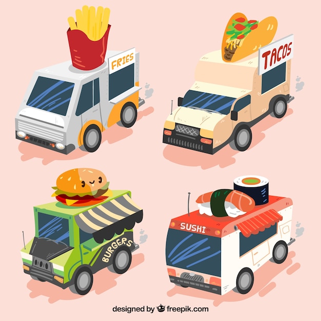 Colorful set of cool food trucks