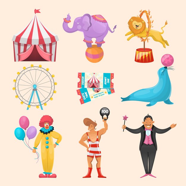 Красочный набор различных цирковых персонажей, животных, аттракционов, билетов на мероприятия и раздетых символов Марги