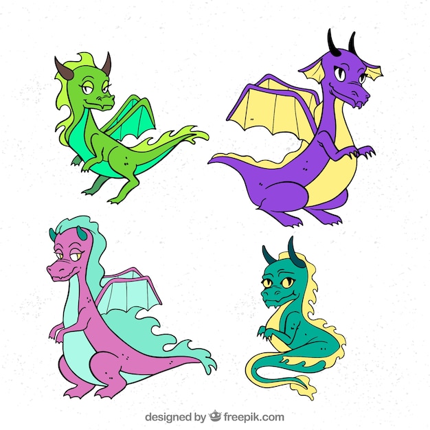 Colorful set of hand drawn dragon characters