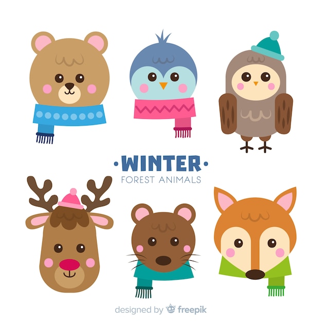 Vettore gratuito set colorato di adorabili animali invernali