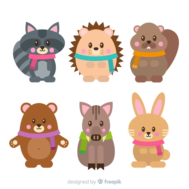 Free vector colorful set of lovely winter animals