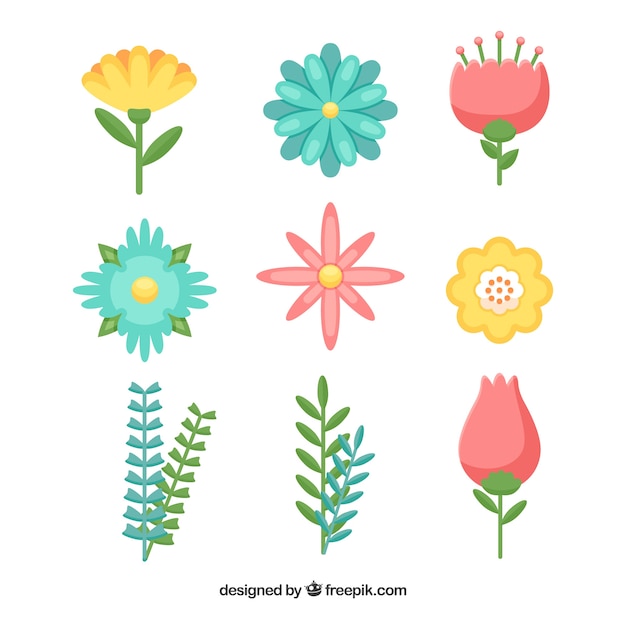 Бесплатное векторное изображение Красочный набор цветочных элементов с плоским дизайном