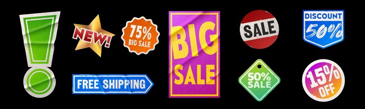 Free Vector colorful set of sale stickers isolated on black background vector realistic illustration of wrinkled exclamation mark star round rectange rhombus shape discount price off free shipping offer