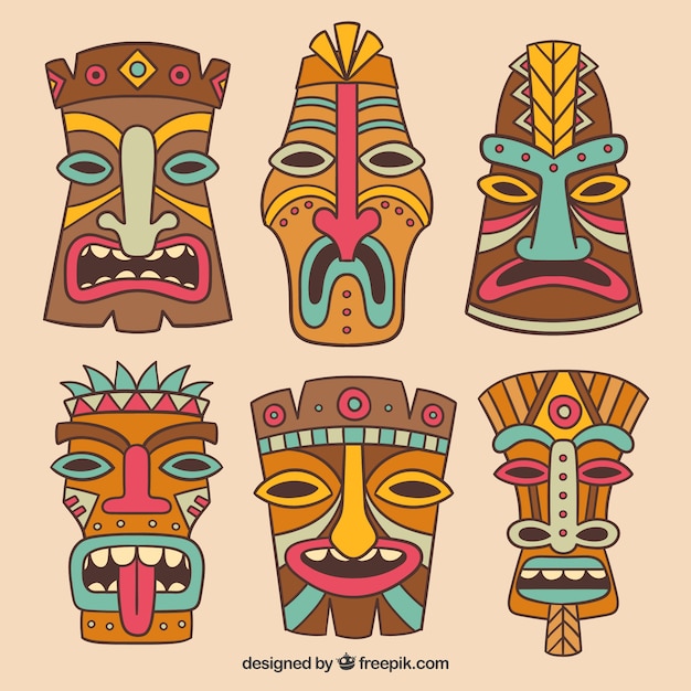 Vettore gratuito set colorato di maschere tribali con stile divertente