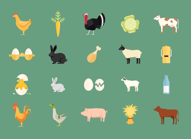 Красочный набор векторных сельскохозяйственных животных и продуктов с курицей и яйцом