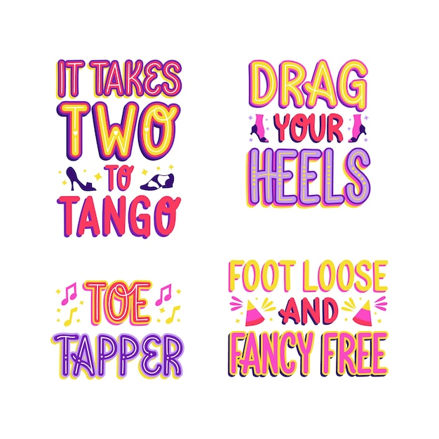 Free vector colorful sing and dance lettering stickers set