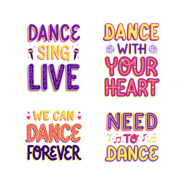 Colorful sing and dance lettering stickers set