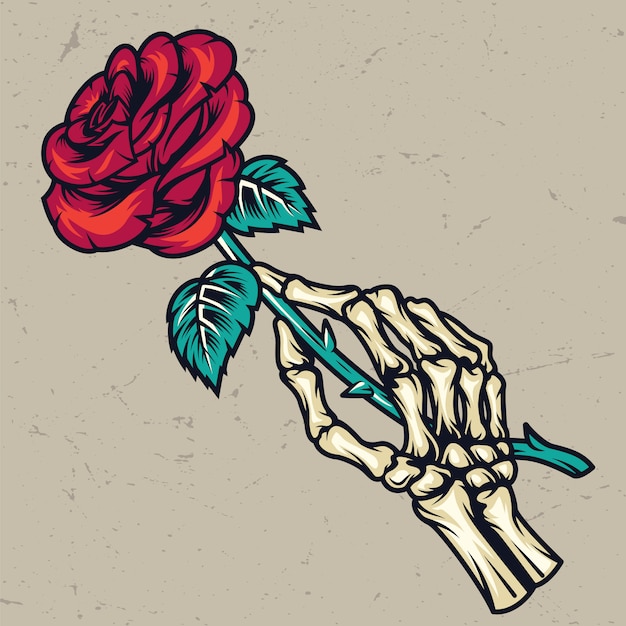 Free vector colorful skeleton hand holding beautiful rose