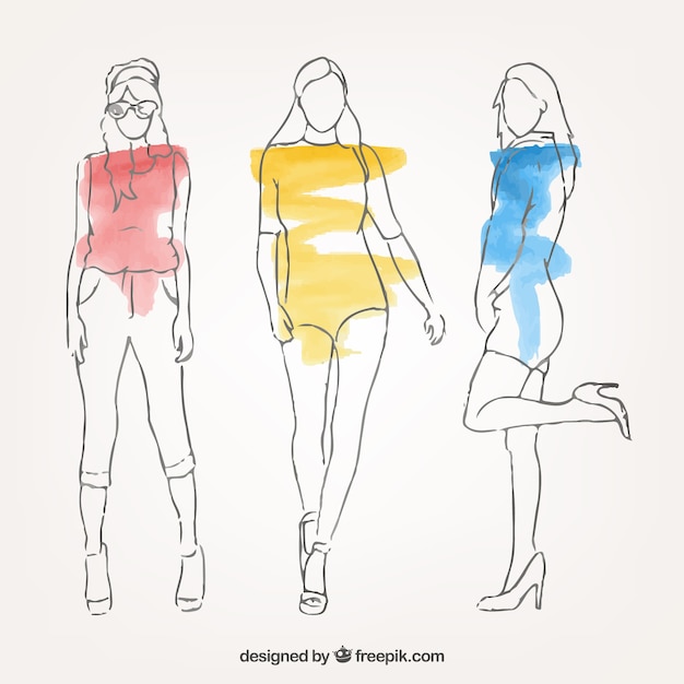 Free Vector colorful sketches of fashion models