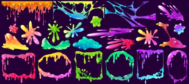 Colorful slime frames splashes spots and elements isolated vector set Liquid toxic ooze borders with blobs and dripping Bright vibrant sticky goo jelly or syrup fluid splats Cartoon illustration