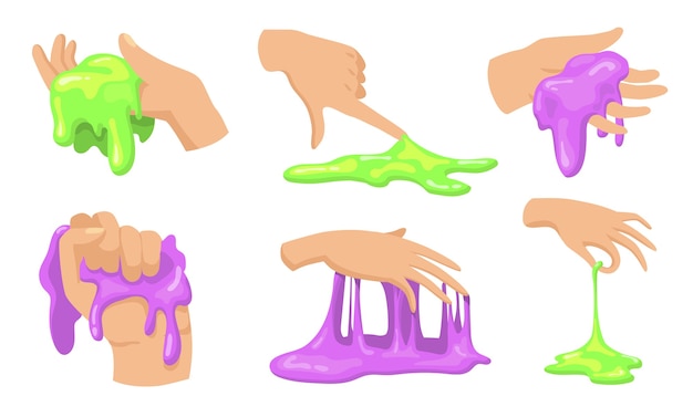 Colorful slime set. human hands touching, holding and taking funny homemade slimy toys for kids.