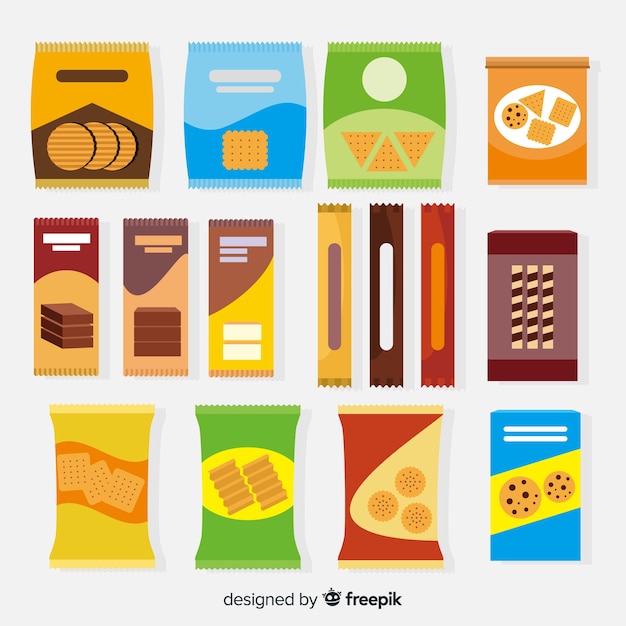 Collezione di snack colorati con design piatto