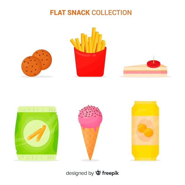 Бесплатное векторное изображение Красочная коллекция закусок с плоской конструкцией
