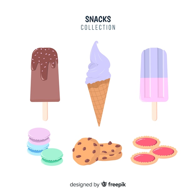 Collezione di snack colorati con design piatto