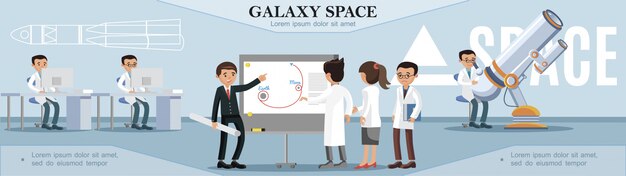 Colorful space exploration template with scientists working in observatory in flat style 