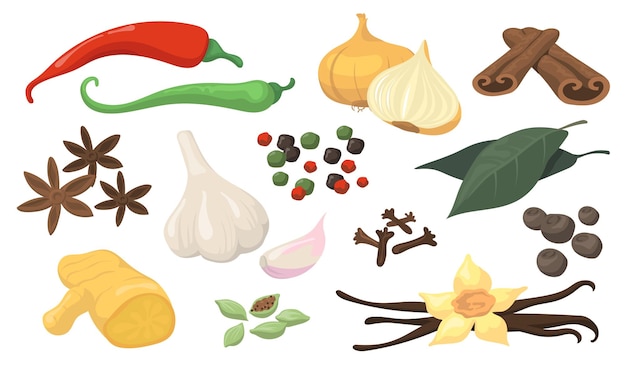 Free vector colorful spicy spices and vegetables flat item set