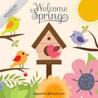 Free vector colorful spring background with birds