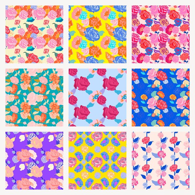 Colorful spring floral pattern vector with roses background set