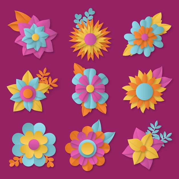 Colorful spring flower collection in paper style