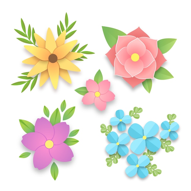 Colorful spring flowers collection in paper style