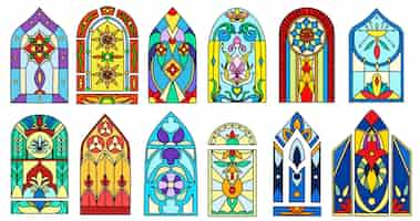 Free vector colorful stained glass windows of vintage church buildings